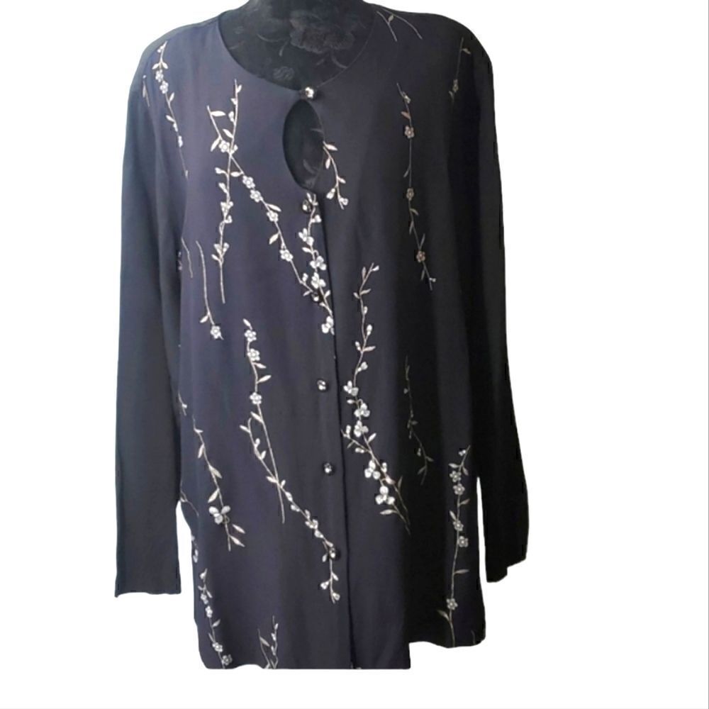 Expose Vintage Blouse With Metallic Floral Print Size 22 Navy Blue/Black